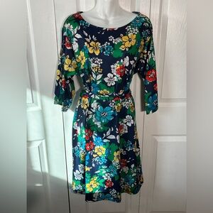 Blue Floral 3/4 Slit Cold Shoulder Sleeve Belted Dress